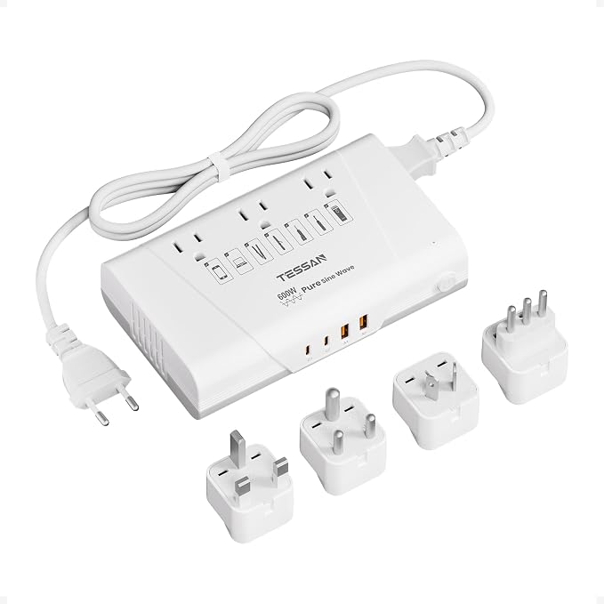 TESSAN 600W Pure Sine Wave 220V to 110V Voltage Converter | US to Europe, 4 USB Ports PD 35W QC 30W, EU/UK/AU/IT/India Plug Adaptor, Step Down Transformer, Universal Travel Adapter