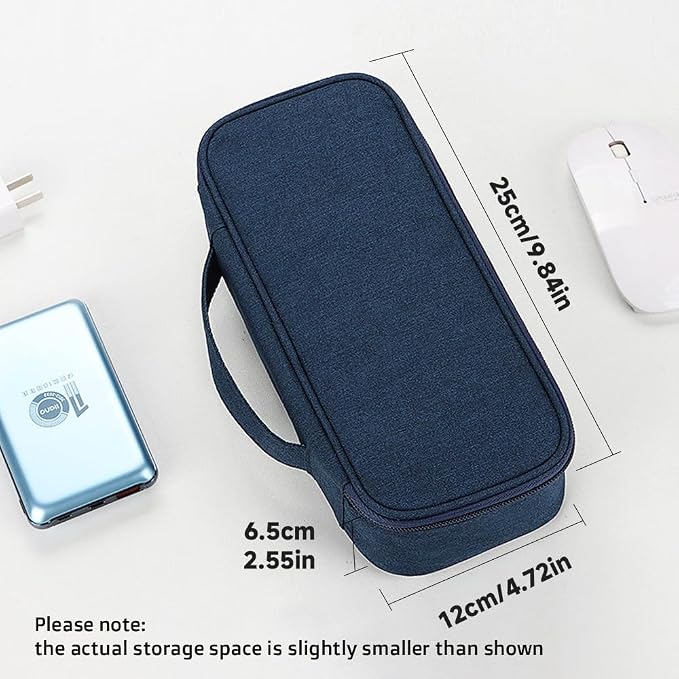 Teskyer Tech Organizer Pouch with Handle, Navy Blue | Water-Resistant Fabric, Adjustable Dividers, Multiple Compartments, Protective Lining, Travel and Office Use