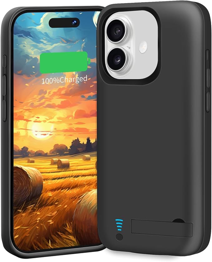 Battery Case for iPhone 16, 5000mAh Rechargeable Extended Battery Charging/Charger Case, Add 100% Extra Juice (6.1 Inches) Black