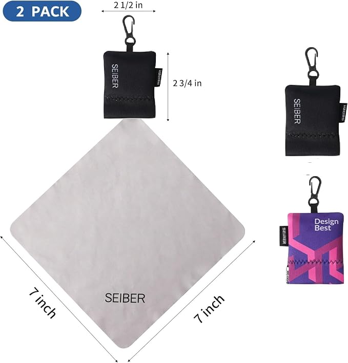 SEIBER Eyeglass Cleaning Microfiber Cloth,7 x 7 inch Glasses Cloth for Sunglasses,Laptops, Cameras,Screen- with Neoprene Pouch,Self-Closing Bottom(2PCS,BKPurple)