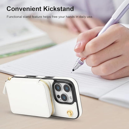Bocasal Crossbody Wallet Case for iPhone 16 Pro, RFID Blocking Leather Purse Case with Card Holder, Protective Handbag Flip Cover with Zipper Wrist Strap Lanyard for Women 5G 6.3 Inch (White)
