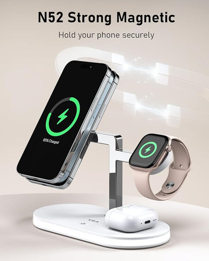 VBA 4 in 1 Wireless Charging Station for Apple MagSafe Charger,Fast Charging Magnetic Wireless Charger Stand with Night Light for iPhone 17 Air 16 15 14 13 12 Series,Apple Watch,AirPods Pro (White)