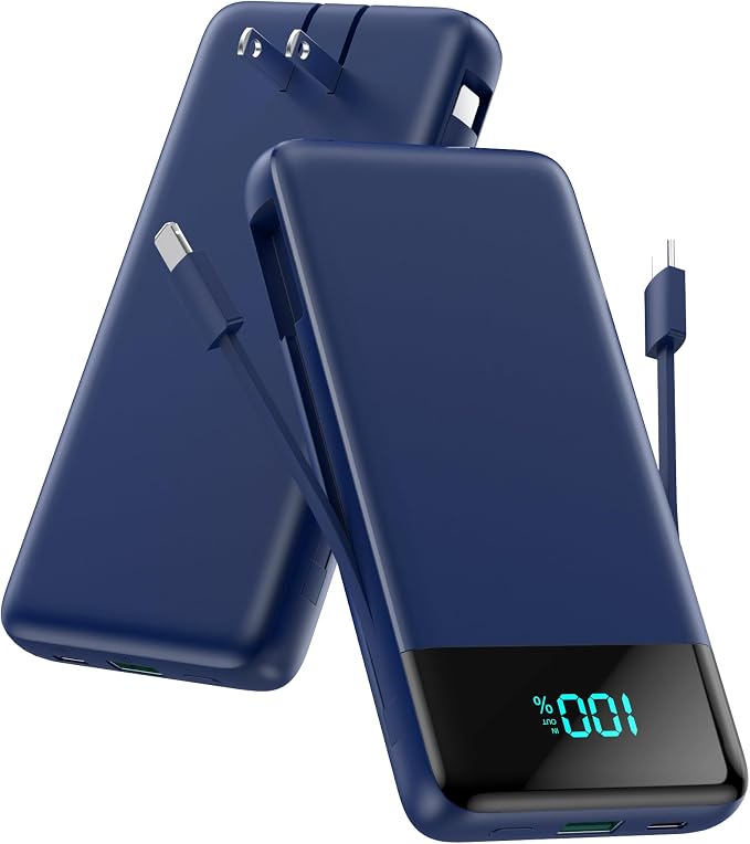 Portable Charger for iPhone with Built in Cables and Wall Plug,Upgraded 13800mAh Fast Charging USB C Power Bank,4 Outputs Travel Essential Battery Pack Compatible with iPhone 17/16/15/14,Samsung-Blue