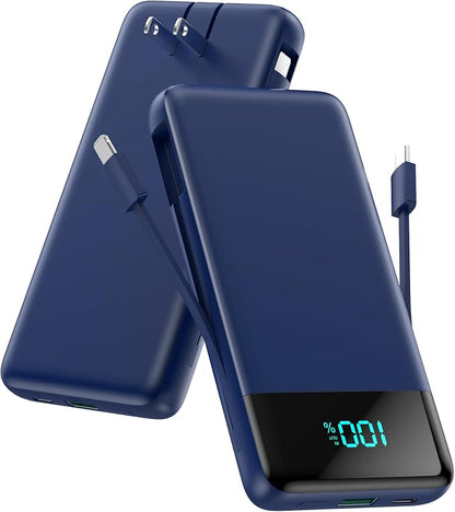 Portable Charger for iPhone with Built in Cables and Wall Plug,Upgraded 13800mAh Fast Charging USB C Power Bank,4 Outputs Travel Essential Battery Pack Compatible with iPhone 17/16/15/14,Samsung-Blue