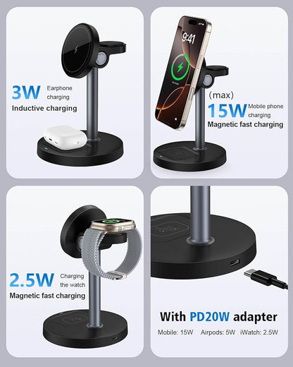 3 in 1 Magnetic Wireless Charging Station, 15W Fast Charger Stand for iPhone, Phone Charger Stand for Desk Nightstand, for iPhone 17/16/15/14/13/12, Apple Watch & AirPods, 18W Adapter Included -Black