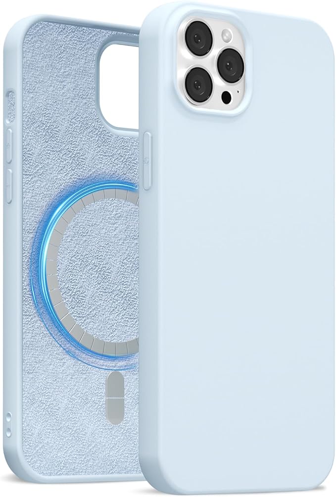 for iPhone 12/12 Pro Case Silicone Compatible with Magsafe Case, Ultra Slim Thin Magnetic Phone Cases Mag Safe, Cute Soft Rubber Gel Matte Plain Wireless Charging Cover for Women, Light Blue