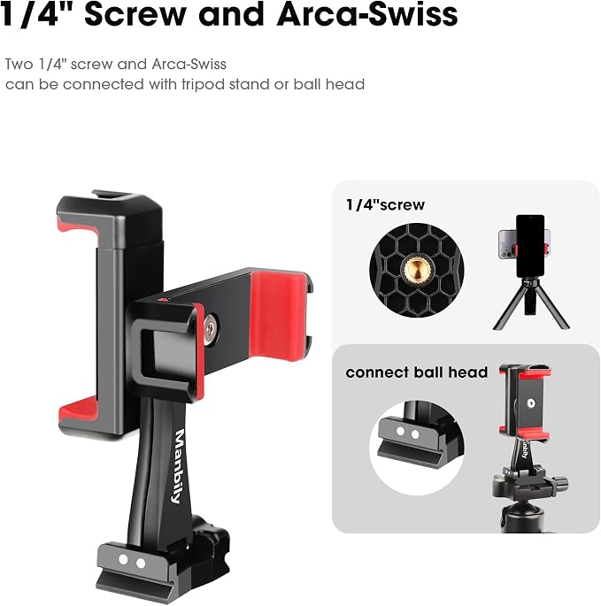 Manbily Phone Tripod Mount Adapter, 360° Rotatable Dual Cell Phone Holder Clip, Adjustable Clamp with 4 Cold Shoe, for Tripod Monopod Selfie Stick Vlog Live Streaming Video Recording