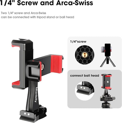 Manbily Phone Tripod Mount Adapter, 360° Rotatable Dual Cell Phone Holder Clip, Adjustable Clamp with 4 Cold Shoe, for Tripod Monopod Selfie Stick Vlog Live Streaming Video Recording