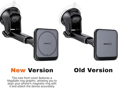 APPS2Car for MagSafe Car Mount, Magnetic Phone Holder for Car with Suction Cup, 17 Strong Magnets & Adjustable Arm, Dashboard & Windshield Phone Mount Compatible with MagSafe Case iPhone 12–17 Series