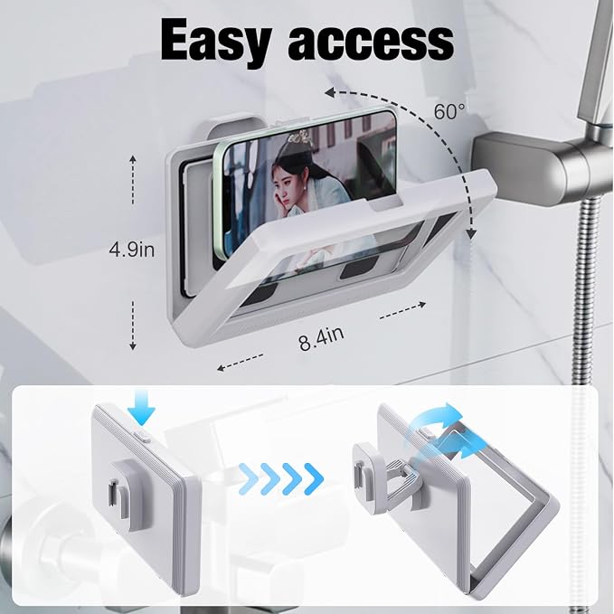 Waterproof Shower Phone Holder - Rotates and Adjustable Angle, Anti-Fog High Sensitivity Cover Mount Box for Smooth Wall Surfaces Where You Need Occasions,Compatible with 4" - 7" Cell Phones