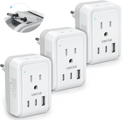 3 Pack European Travel Plug Adapter, VINTAR Foldable International Plug Adapter with 2 AC Outlets and 3 USB Ports(2 USB C),Type C Plug Travel Essentials to Most Europe EU France Germany Spain Italy