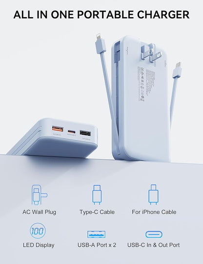 Nusyddy Portable Charger 20000mAh PD20W w/Built-in Cables & Wall Plug Blue | PD20W Fast Charging, High Capacity, LED Display, Charge 5 Devices at once, TSA Approved, Compatible with iPhone/iPad/Samsung