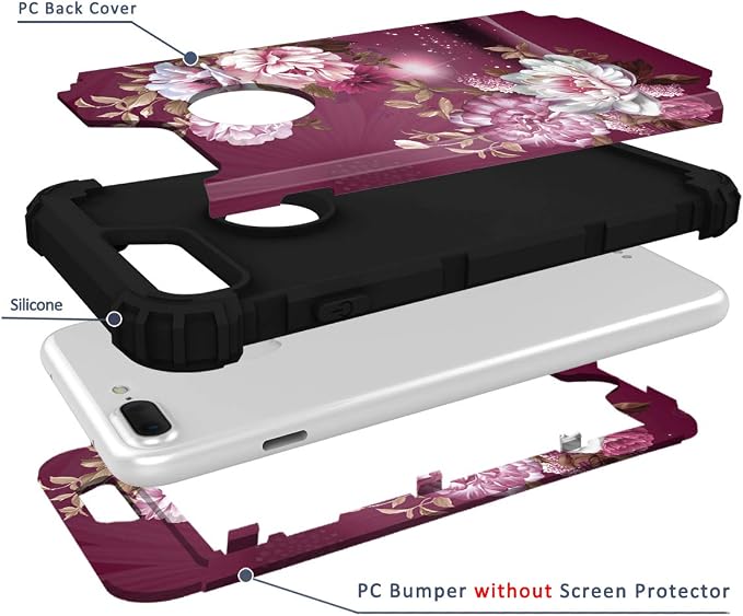Hocase iPhone 8/7 Plus Case - Heavy Duty Shockproof Protection, Hybrid Hard Plastic+Silicone Rubber, Royal Purple/White Flowers
