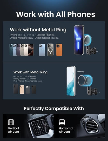 LISEN for iPhone 16 MagSafe Car Mount, [Quick Install] Ultra Magnetic Long Arm Mag Safe Car Phone Holder Vent, Car Accessories Fit for iPhone 16 Pro Max 15 14 13 12 Plus Mini Men Women, Blue
