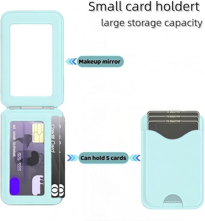 Upgraded for Magsafe Wallet, Strong Magnetic Phone Wallet with Adjustable Stand, Built in Makeup Mirror, 5 Card Holder, Rfid Blocking (Cyan fold)