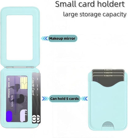 Upgraded for Magsafe Wallet, Strong Magnetic Phone Wallet with Adjustable Stand, Built in Makeup Mirror, 5 Card Holder, Rfid Blocking (Cyan fold)