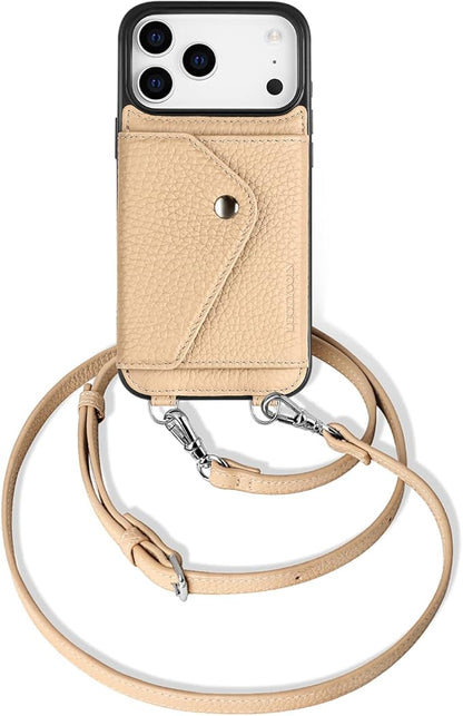 LUCKYCOIN for iPhone 17 Pro Max Crossbody Wallet Case – Genuine Leather Phone Purse with Adjustable Strap and Card Holder,Lanyard Phone Purse Case for Women,Pebble Grain Beige
