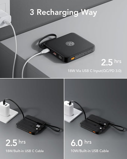 VRURC Portable Charger with Built-in Cable, 10000mAh 22.5W Fast Charging USB C Battery Pack, Cell Phone Power Bank for iPhone 17 16 15 Series Android Tablet (Black)