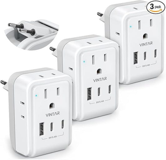 3 Pack European Travel Plug Adapter, VINTAR Foldable International Power Adapter with 4 AC Outlets 3 USB Ports(2 USB C), Type C Adaptor Charger for US to Most of Europe EU Italy Spain France Iceland
