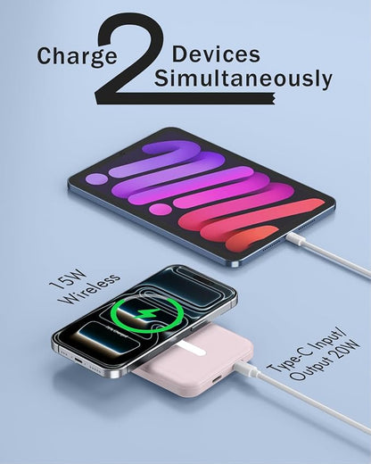 podoru for Magsafe Battery Pack, 5000mAh Magnetic PowerBank with Type-C Cable 20W PD Fast Charging Lighting Input Wireless Charger for iPhone 17/16/15/14/13/12/ All Series-Light Pink