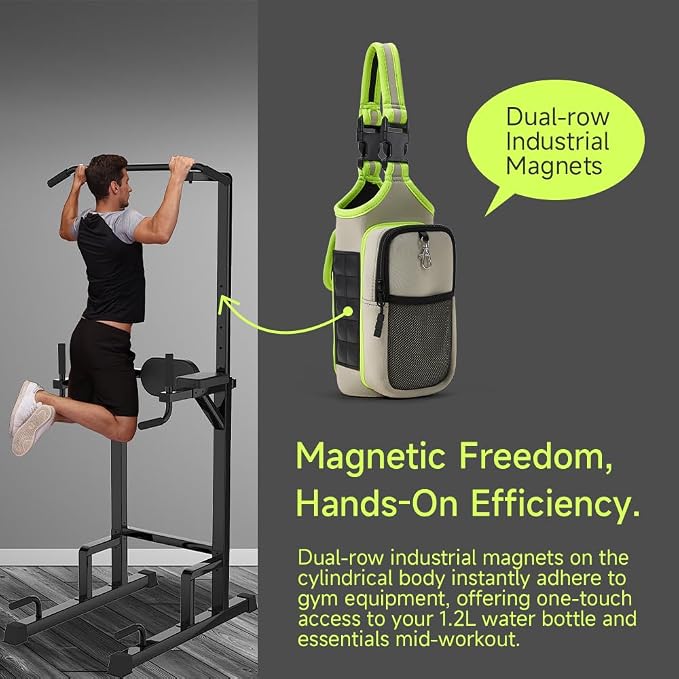 VAKAER Magnetic Gym Bag, Water Bottle Carrier Holder with Phone Pocket & Adjustable Strap,10 Ultra-Strong Magnets Stick to Fitness equipment, Workout Accessories Pouch for Women & Men (Light Grey)