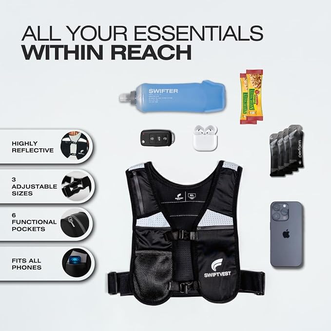 Running Phone Holder Vest with 500ml/17oz Water Bottle | Reflective Hydration Vest | Adjustable | Light | 6 Pockets for Running Accessories | Unisex