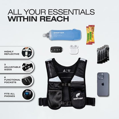 Running Phone Holder Vest with 500ml/17oz Water Bottle | Reflective Hydration Vest | Adjustable | Light | 6 Pockets for Running Accessories | Unisex