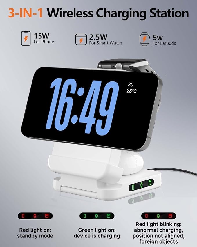 3 in 1 Foldable Wireless Charger, 15W Qi2 Magnetic Charger Stand for iPhone & Samsung, Apple Watch & Galaxy Watch, AirPods & Galaxy Buds, Travel-Friendly, 25W PD Adapter Included (White)