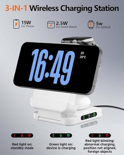 3 in 1 Foldable Wireless Charger, 15W Qi2 Magnetic Charger Stand for iPhone & Samsung, Apple Watch & Galaxy Watch, AirPods & Galaxy Buds, Travel-Friendly, 25W PD Adapter Included (White)