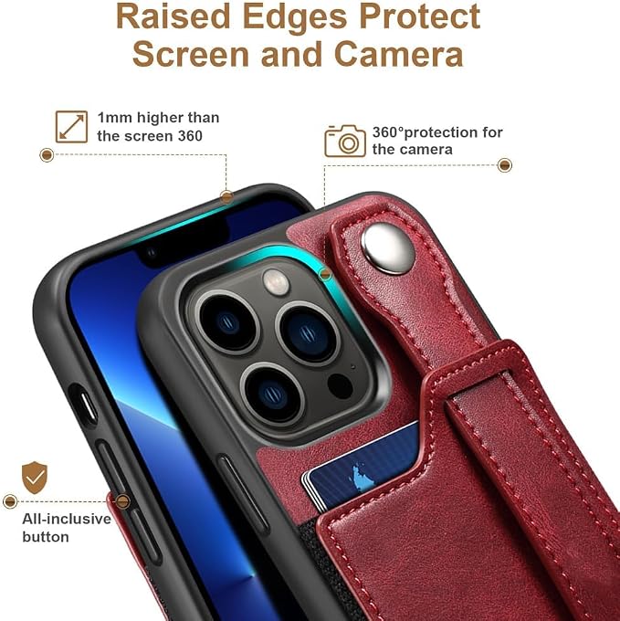 Wallet Case for iPhone 16/16 Pro/16 Plus/16 Pro Max, Silicone Frame Cover with Wrist Strap, Card Slots and Stand, Anti-Fall Shell,16,Red