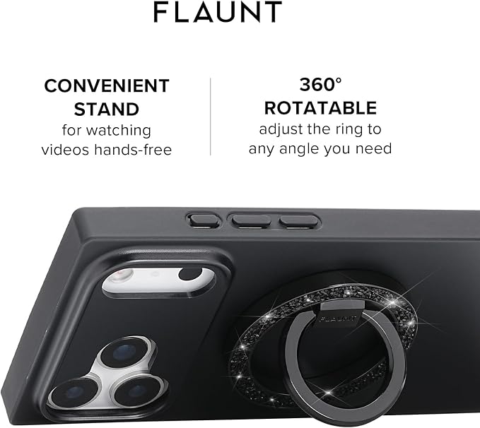 Flaunt MagSafe Ring Phone Stand - Limited Edition Magnetic Phone Grip - Slim, Collapsible Ring Holder & Stand - Detachable, 360° Rotation - Compatible with All MagSafe Cases - Black Crystal Elegance