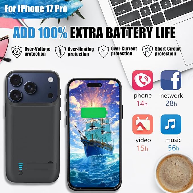 Battery Case for iPhone 17 Pro, 5000mAh Rechargeable Extended Battery Charging/Charger Case, Add 100% Extra Juice (6.3 Inches) Black