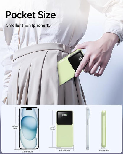 RONEGN Portable Charger with Built in Cable -20000mAh Fast Charging Power Bank USB C Slim 22.5W LED Display Battery Pack 5 Outputs & 3 Inputs for Travel Essentials iPhone Samsung Phones Green