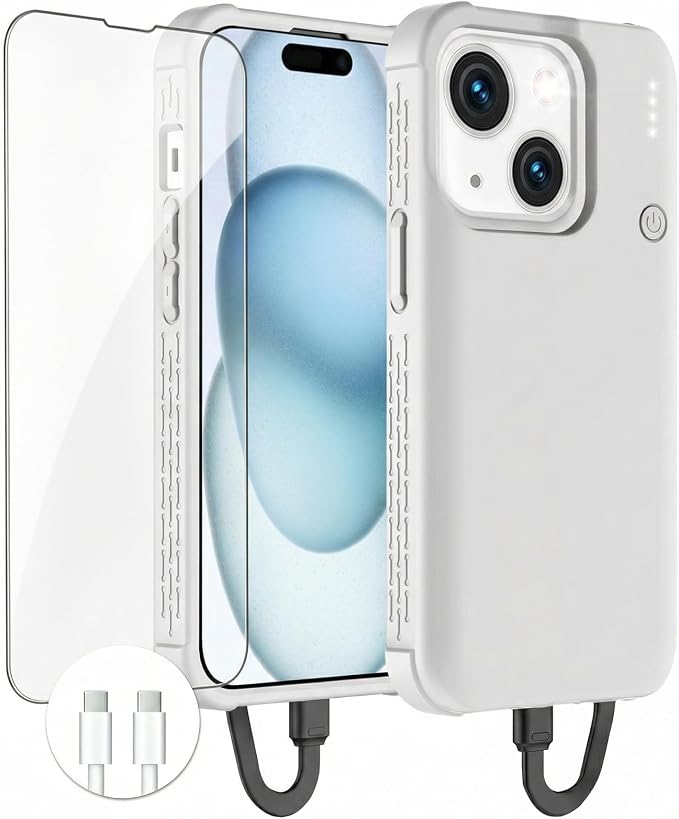 GIN FOXI Battery Case for iPhone 15/15 Pro, Rechargeable Charing Cases 7000mAh Portable Juice Box Fast Charger Cover Battery Pack for 15/15 Pro Built-in Cable, Grey(6.1”)