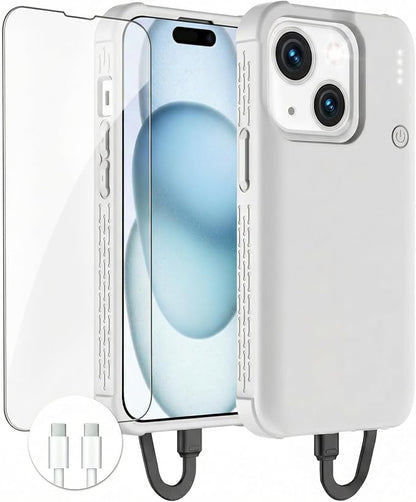 GIN FOXI Battery Case for iPhone 15/15 Pro, Rechargeable Charing Cases 7000mAh Portable Juice Box Fast Charger Cover Battery Pack for 15/15 Pro Built-in Cable, Grey(6.1”)