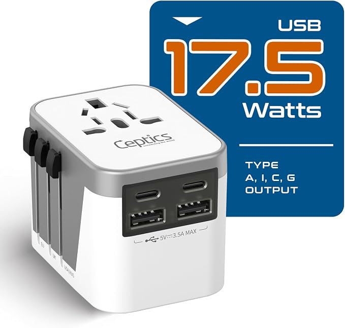 Ceptics Universal Travel Adapter for EU, UK, China, UAE, AU – International Power Adapter with Dual USB-C & USB-A – Ideal for Phone, Tablet & Smartwatch Chargers - Type A, C, G, I Plug Outputs | Universal Travel Adapter, Type A, C, G & I Plugs, Works i...