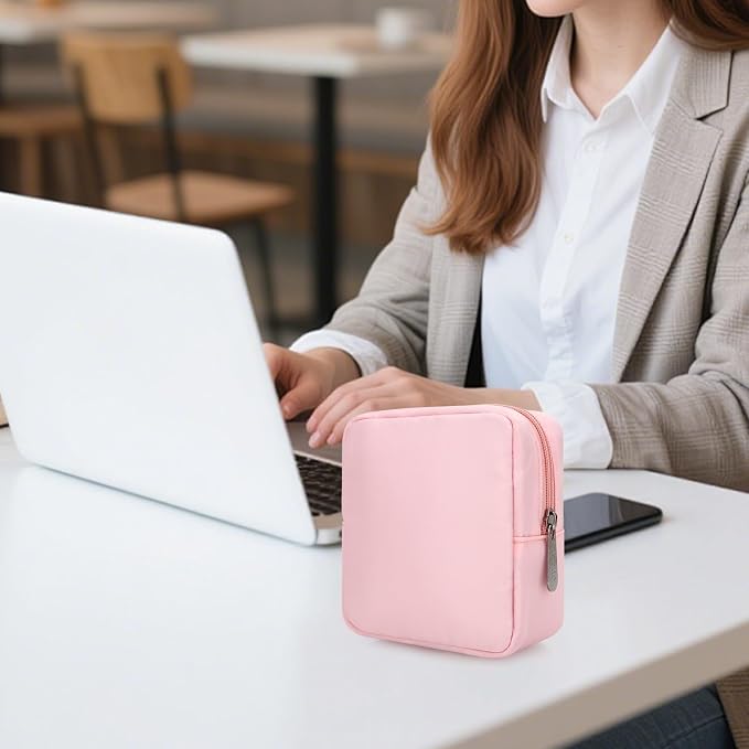 Tech Organizer Pouch, Small Multi-Pocket Electronics Case (Pink) | Water-resistant nylon, foam padding, metal zipper, travel cable bag for charger, power bank, earbuds, SD cards and USB cables