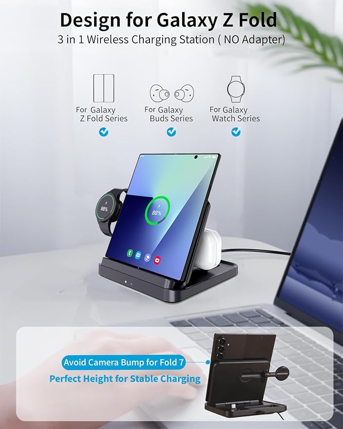 for Samsung Galaxy Z Fold 7 6 5 4 Wireless Charger Station, Foldable 3 in 1 Wireless Charging Stand for Z Flip7 S25 Ultra/Galaxy Watch/Galaxy Buds, Charger Stand Dock for Travel