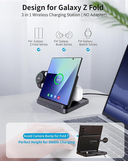for Samsung Galaxy Z Fold 7 6 5 4 Wireless Charger Station, Foldable 3 in 1 Wireless Charging Stand for Z Flip7 S25 Ultra/Galaxy Watch/Galaxy Buds, Charger Stand Dock for Travel