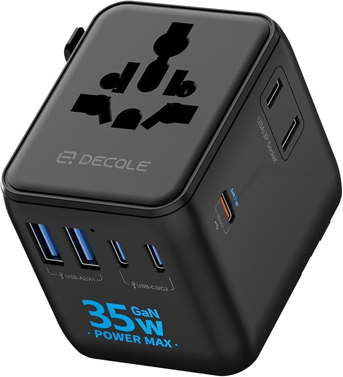 “Pro” Universal Travel Adapter 3 USB-C＆ 2 USB-A Cover 200+ Countries | GaN 35W, International Plug Adapter, All in One Portable Adapter, NOT A Voltage Converter, for USA, UK, EU, AU (Black)