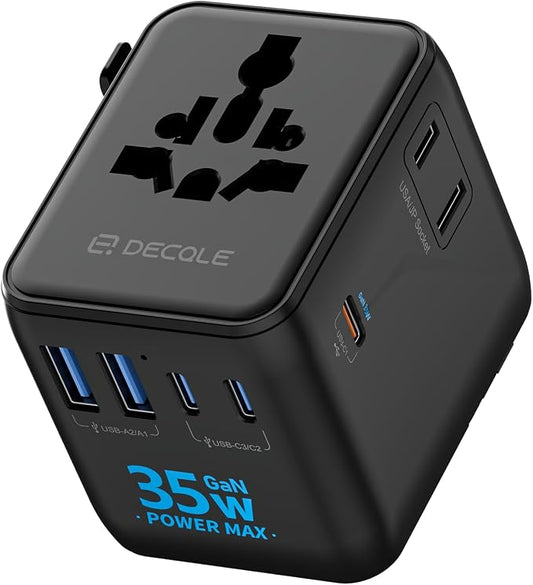 “Pro” Universal Travel Adapter 3 USB-C＆ 2 USB-A Cover 200+ Countries | GaN 35W, International Plug Adapter, All in One Portable Adapter, NOT A Voltage Converter, for USA, UK, EU, AU (Black)