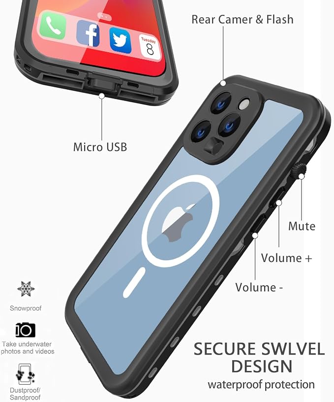 Design for iPhone 14 Pro Max Waterproof Case, Full Body Shockproof Case Dust Proof Phone Case Cover with Screen Protector - Black