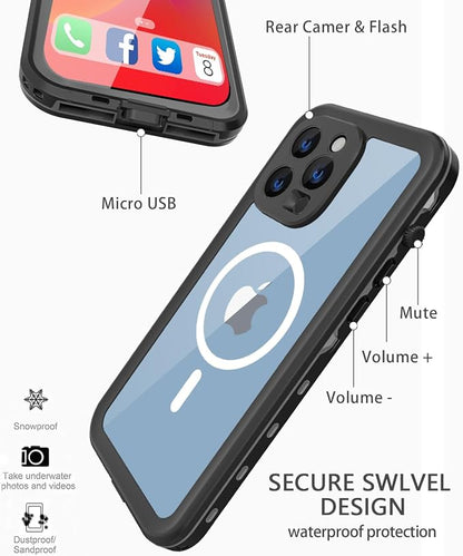 Design for iPhone 14 Pro Waterproof Case, Full Body Shockproof Dust Proof Phone Case Cover with Screen Protector - Black
