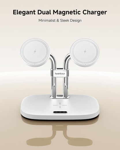 SwanScout Wireless Charger for iPhone Air/17, SwanScout 706M, Dual Magnetic Charger for iPhone 16/15/14/13/12 Series, Charging Station for AirPods Pro 3/2, AirPods 4/3rd (White)