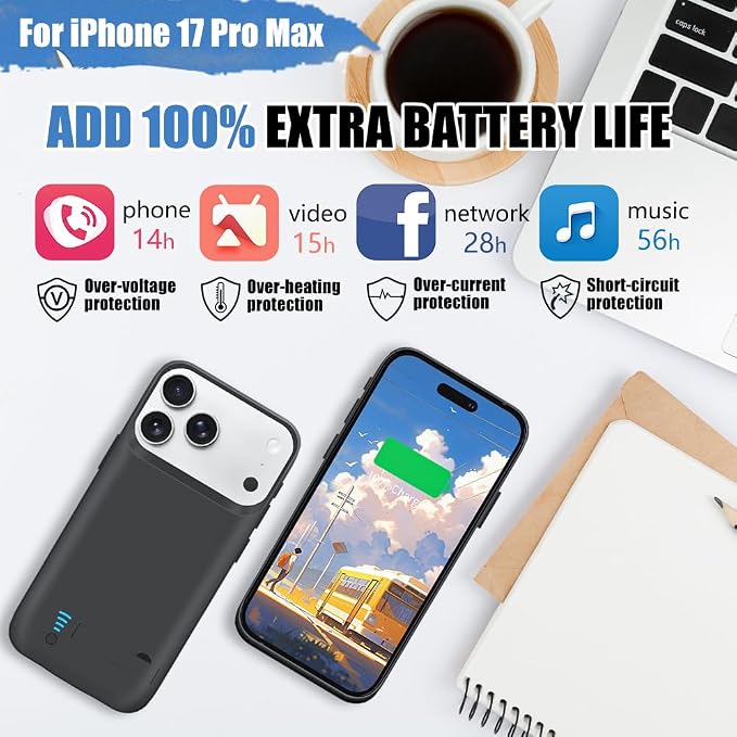 Battery Case for iPhone 17 Pro Max, 6000mAh Rechargeable Extended Battery Charging/Charger Case, Add 100% Extra Juice (6.9 Inches) Black