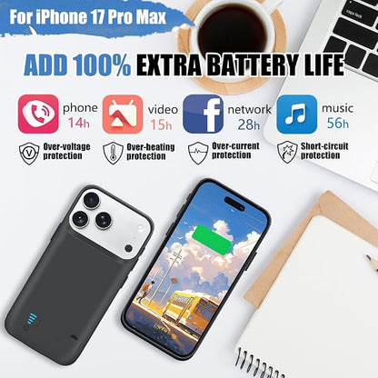 Battery Case for iPhone 17 Pro Max, 6000mAh Rechargeable Extended Battery Charging/Charger Case, Add 100% Extra Juice (6.9 Inches) Black