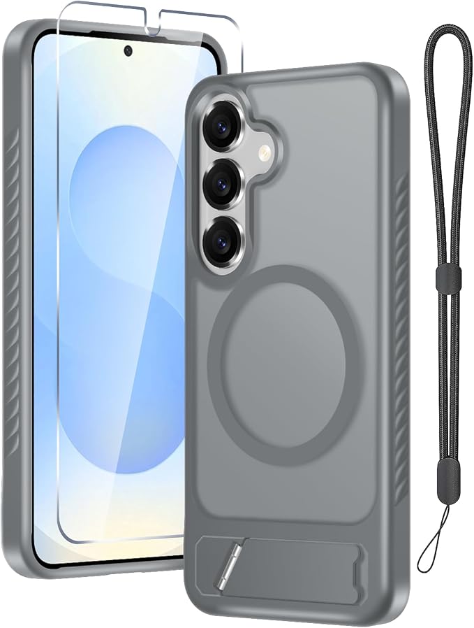 RMOCR for Samsung Galaxy S25 Case with Screen Protector+Lanyard Wrist Strap,Magnetic Translucent Matte Rugged Slim Phone Cover Built in Invisible Kickstand [Fit for MagSafe],2025 Grey