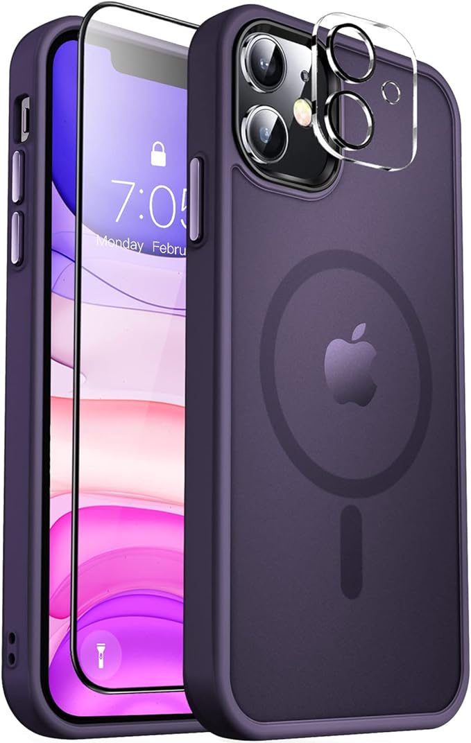 MOCCA Strong Magnetic for iPhone 11 Phone Case,[Compatible with Magsafe][Glass Screen Protector+Camera Lens Protector] Slim Thin Shockproof Cover Case for iPhone 11 6.1 inch, Deep Purple