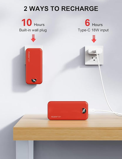 Nusyddy Portable Charger 20000mAh PD20W w/Built-in Cables & Wall Plug Red | PD20W Fast Charging, High Capacity, LED Display, Charge 5 Devices at once, TSA Approved, Compatible with iPhone/iPad/Samsung