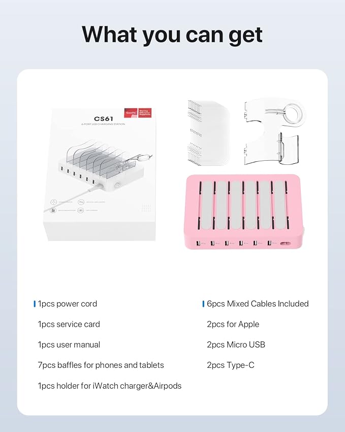 SooPii Premium 6-Port USB Charging Station Organizer for Multiple Devices, 6 Short Charging Cables and One Upgraded i-Watch Charger Holder Included, for Phones,Tablets and Other Electronics, Pink